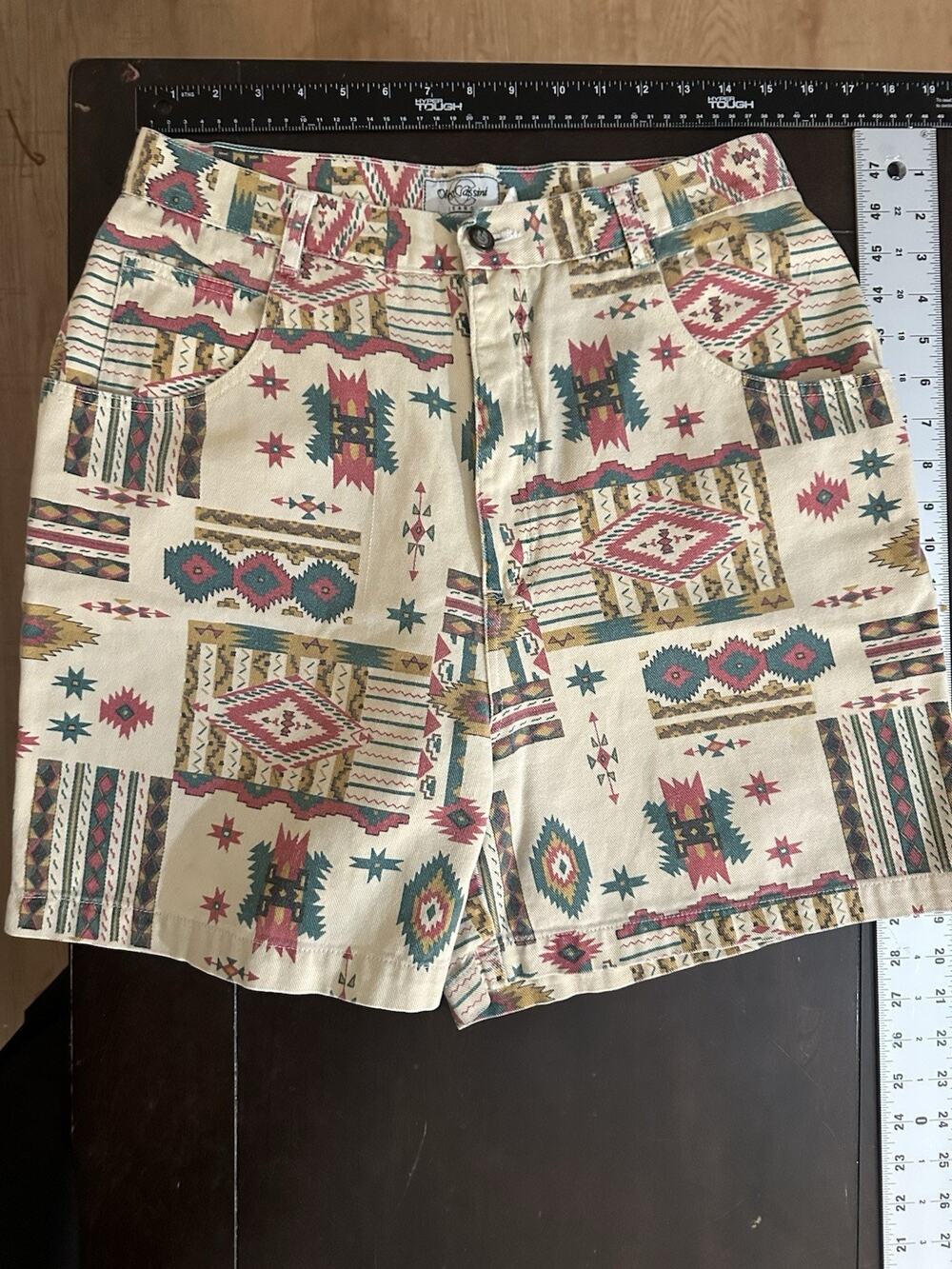 Vintage 80s Oleg Cassini Denim Shorts Womens 10 Southwestern Aztec High Rise